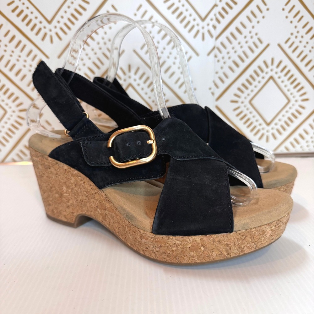 Clarks Suede Cork Sandal Women 10 Black Wedge Slingback Buckle Boho Vacation